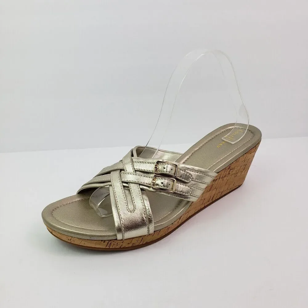 Cole Haan Womens Size 11 Gold Slip On 3 In Cork Wedge Platform Sandals